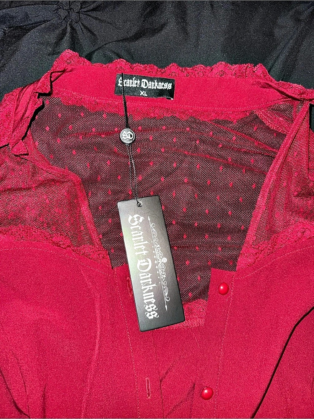 Red Lace Button Down Blouse - Picture 2 of 4